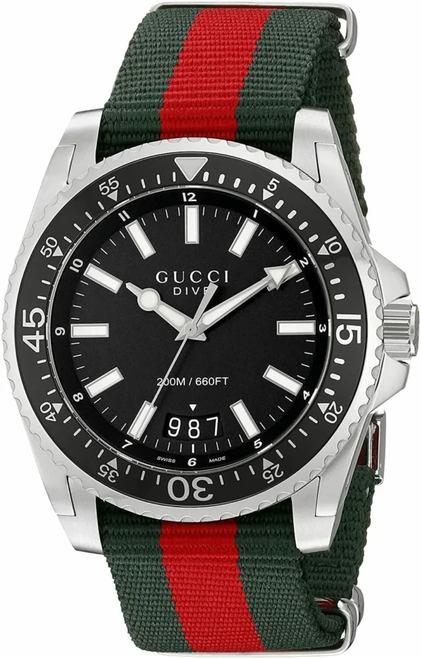gucci-dive-ya136206-green-and-red-nylon-strap-mens-watchbracelet-color-multicolored-movement-quartz_60d0da96-f9e0-475e-b3f8-227fdba59491 Gucci Dive Black Dial Two Tone NATO Strap Watch For Men - YA136206