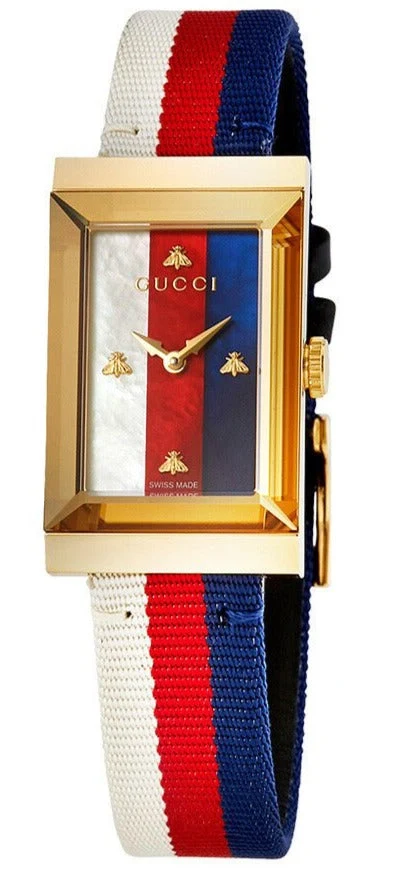 gucci-g-frame-mother-of-pearl-dial-ladies-nylon-watch-ya147405-403911 Gucci G-Frame Mother of Pearl Dial White Blue Red Nylon Strap Watch For Women - YA147405