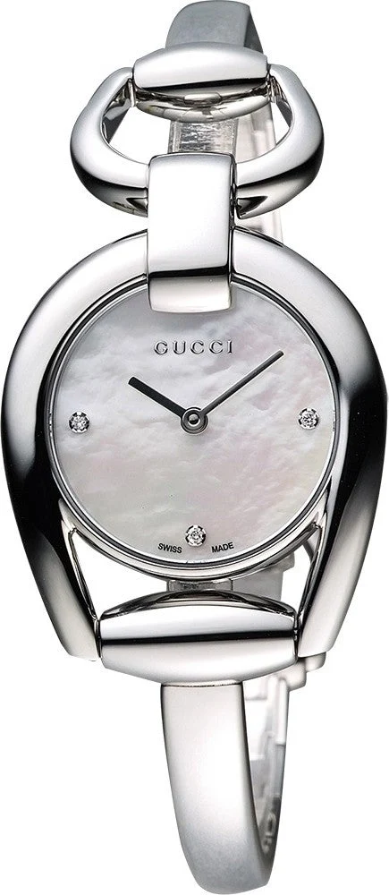 gucci-horsebit-collection-women-s-swiss-watch-28mm5 Gucci Horsebit Collection Diamonds Mother of Pearl Dial Silver Steel Strap Watch For Women - YA139506