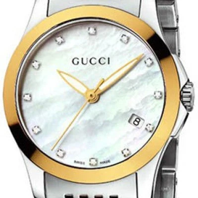 gucci-timeless-stainless-steel-ladies-watch---ya126513---dial Gucci G Timeless Diamonds Mother of Pearl Dial Two Tone Mesh Bracelet Watch for Women - YA126513