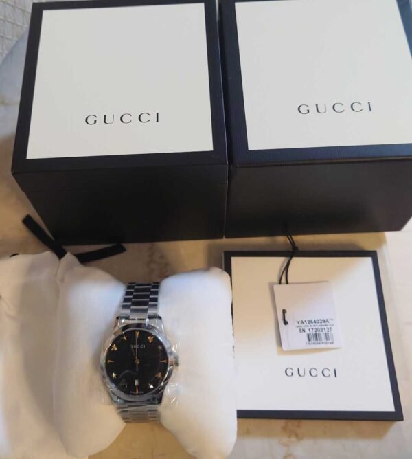 Gucci G Timeless Black Dial Silver Steel Strap Watch For Women - YA1264029