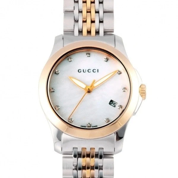 Gucci G Timeless Diamonds Mother of Pearl Dial Two Tone Mesh Bracelet Watch For Women - YA126514