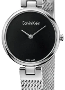 Calvin Klein Authentic Black Dial Silver Mesh Bracelet Watch for Women - K8G23121
