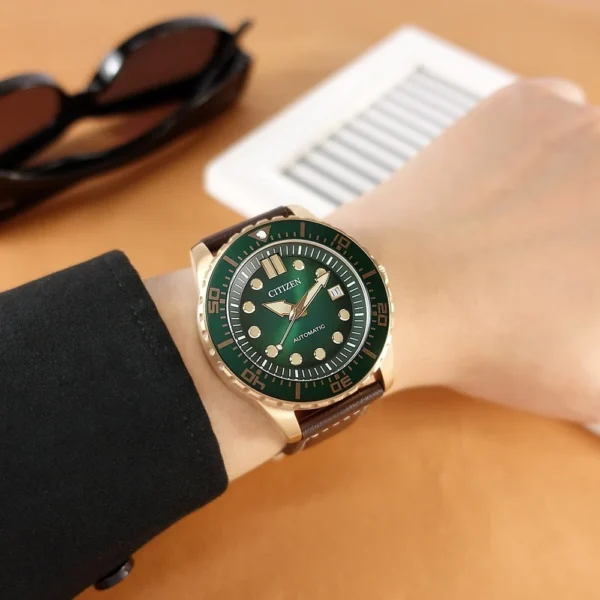 imgi_140_516A7C4645-SP-15319871 Citizen Mechanical Automatic Green Dial Brown Leather Strap Watch for Men - NJ0173-18X