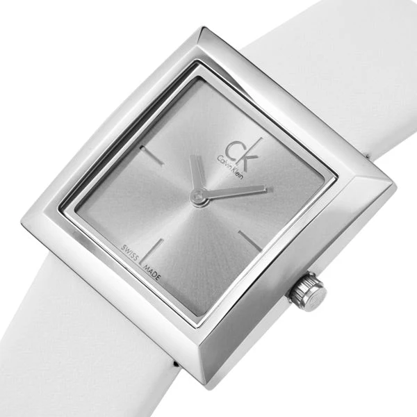 k3r231l6-1 Calvin Klein Mark Silver Dial White Leather Strap Watch for Women - K3R231L6