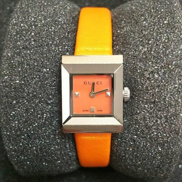 m11167075278_1-100237 Gucci G-Frame Square Mother of Pearl Orange Dial Orange Leather Strap Watch For Women - YA128532