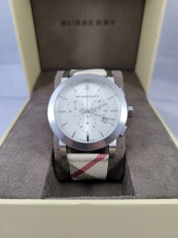 Burberry The City Nova White Dial Checked Brown Leather Strap Watch for Men - BU9357