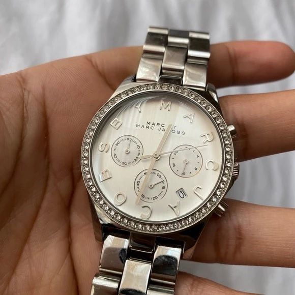 m_5ff9bce906d59c09920c6090 Marc Jacobs Henry Glitz Chronograph Silver Dial Silver Steel Strap Watch for Women - MBM9017