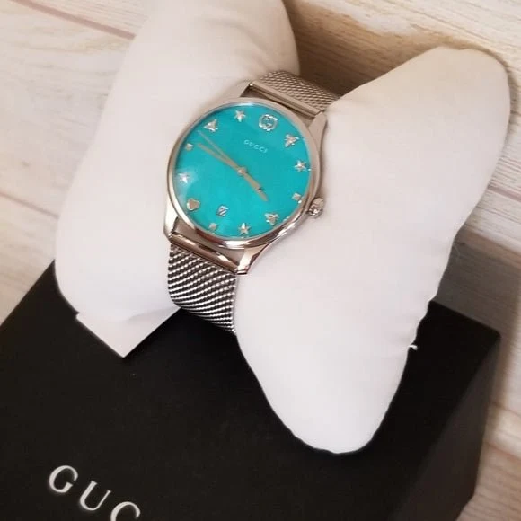 m_60b3e849ac970274bafcddb3-911953 Gucci G-Timeless Turquoise Mother of Pearl Dial Silver Mesh Bracelet Watch For Women - YA126582