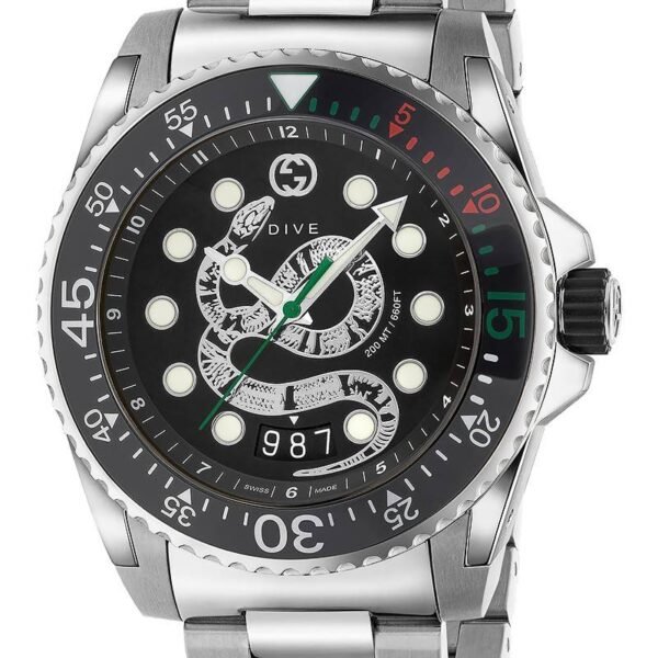 Gucci Dive Snake Black Dial Silver Steel Strap Watch For Men - YA136218