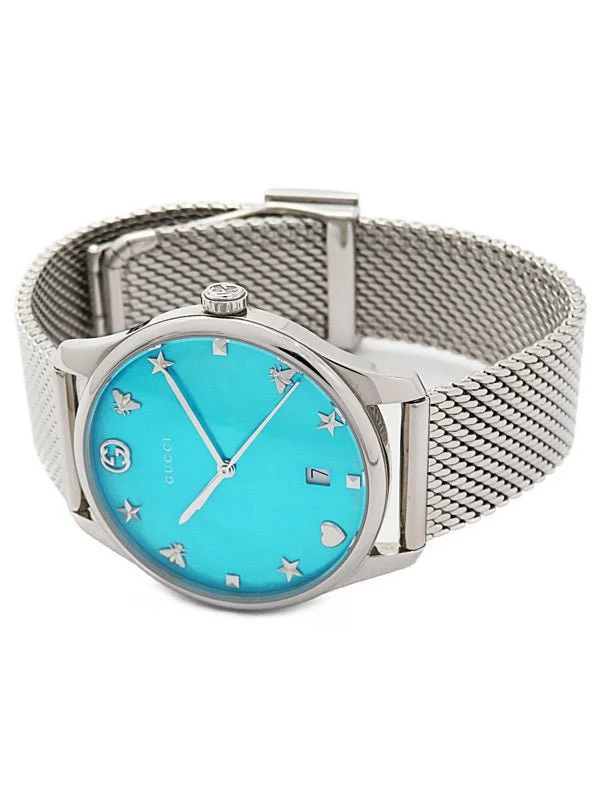 o393713865.2-825969_6868007f-c6cd-4939-8f54-f5fe0dd3a98d Gucci G-Timeless Turquiose Mother of Pearl Dial Silver Mesh Bracelet Watch For Women - YA1264039
