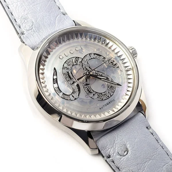 Gucci G Timeless Automatic Mother of Pearl Dial Blue Leather Strap Watch For Women - YA1264113