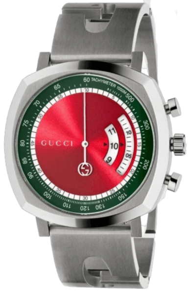 Gucci Grip Quartz Chronograph Red Dial Silver Steel Strap Watch For Men - YA157303