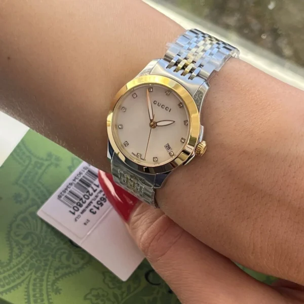 s-l1600_1ec9fffc-d8d3-4856-8689-4e89aaf9820d Gucci G Timeless Diamonds Mother of Pearl Dial Two Tone Mesh Bracelet Watch for Women - YA126513
