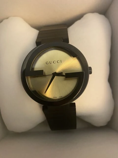 s-l640_9c305771-7921-43e4-8ec7-f2f7c9884fab Gucci Interlocking Grammy XL Gold Dial Black Steel Strap Watch for Men - YA133209
