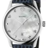 Gucci G-Timeless Signature Mother of Pearl Silver Dial Blue Leather Strap Watch For Women - YA1264049
