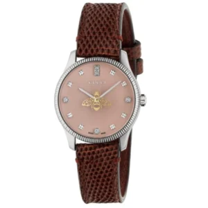 ya1265017_1 Gucci G Timeless Quartz Diamonds Pink Dial Red Leather Strap Watch For Women - YA1265017