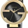 Gucci Interlocking G Gold Black Dial Black Leather Strap Unisex Watch - YA133326