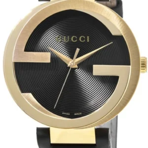 Gucci Interlocking G Gold Black Dial Black Leather Strap Unisex Watch - YA133326
