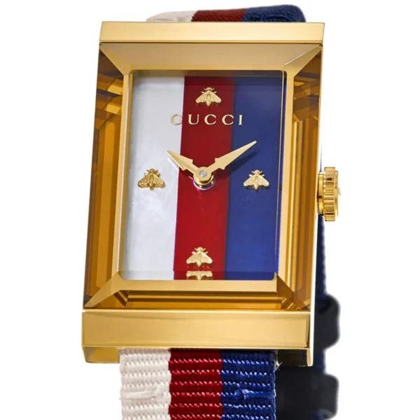 ya147405_5f848418df391 Gucci G-Frame Mother of Pearl Dial White Blue Red Nylon Strap Watch For Women - YA147405