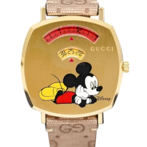 ya157420_4f3c1e83-b0c7-4c32-bd95-36aeac2b02e8 Gucci Grip Disney Mickey Mouse Gold Dial Brown Leather Strap Watch For Women - YA157420