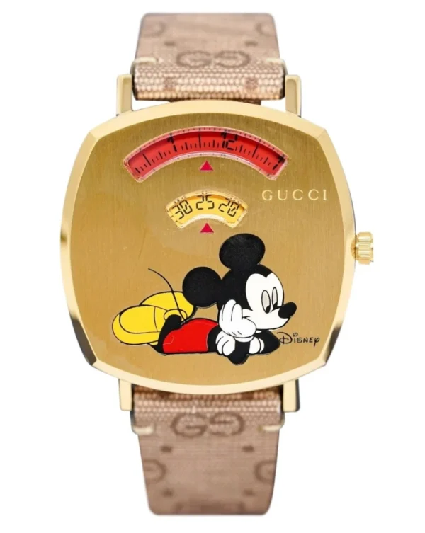 ya157420_4f3c1e83-b0c7-4c32-bd95-36aeac2b02e8 Gucci Grip Disney Mickey Mouse Gold Dial Brown Leather Strap Watch For Women - YA157420
